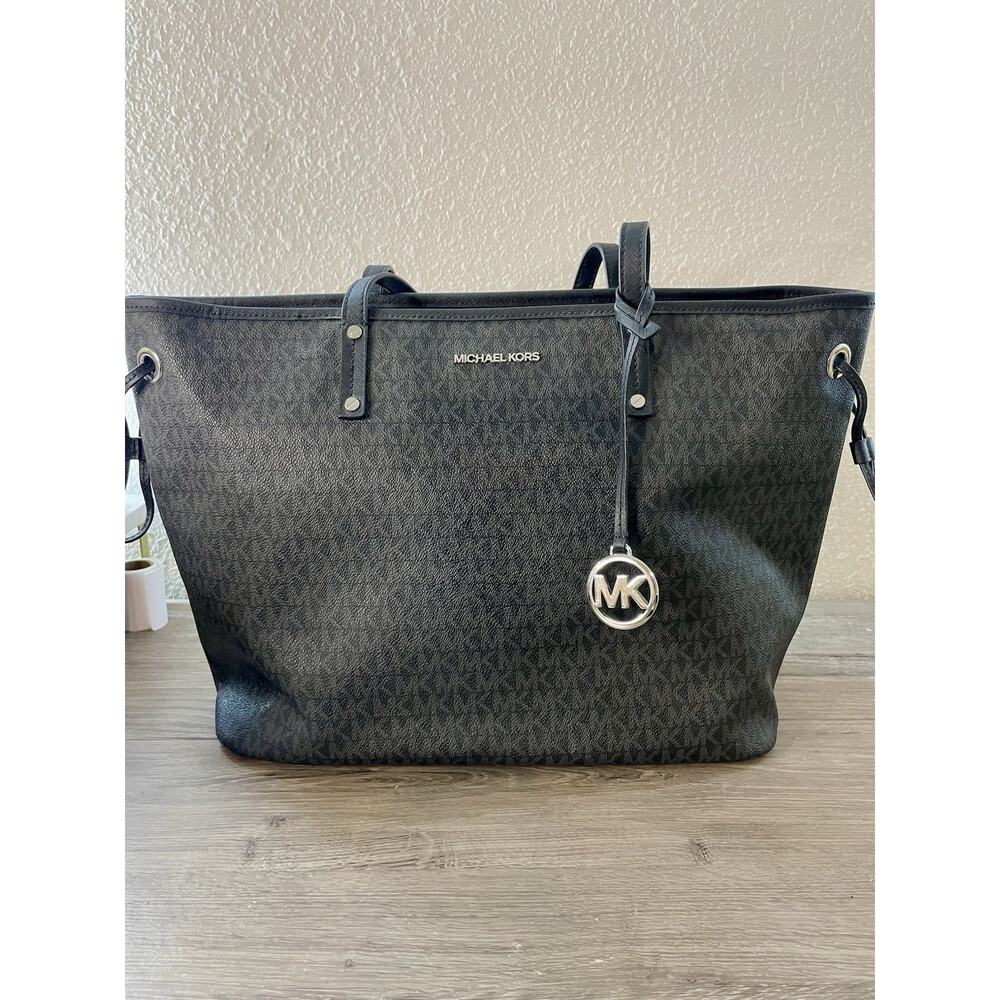 Michael Kors Jet Set Travel Large Signature Logo Tote Bag Black MK Purse NWOT